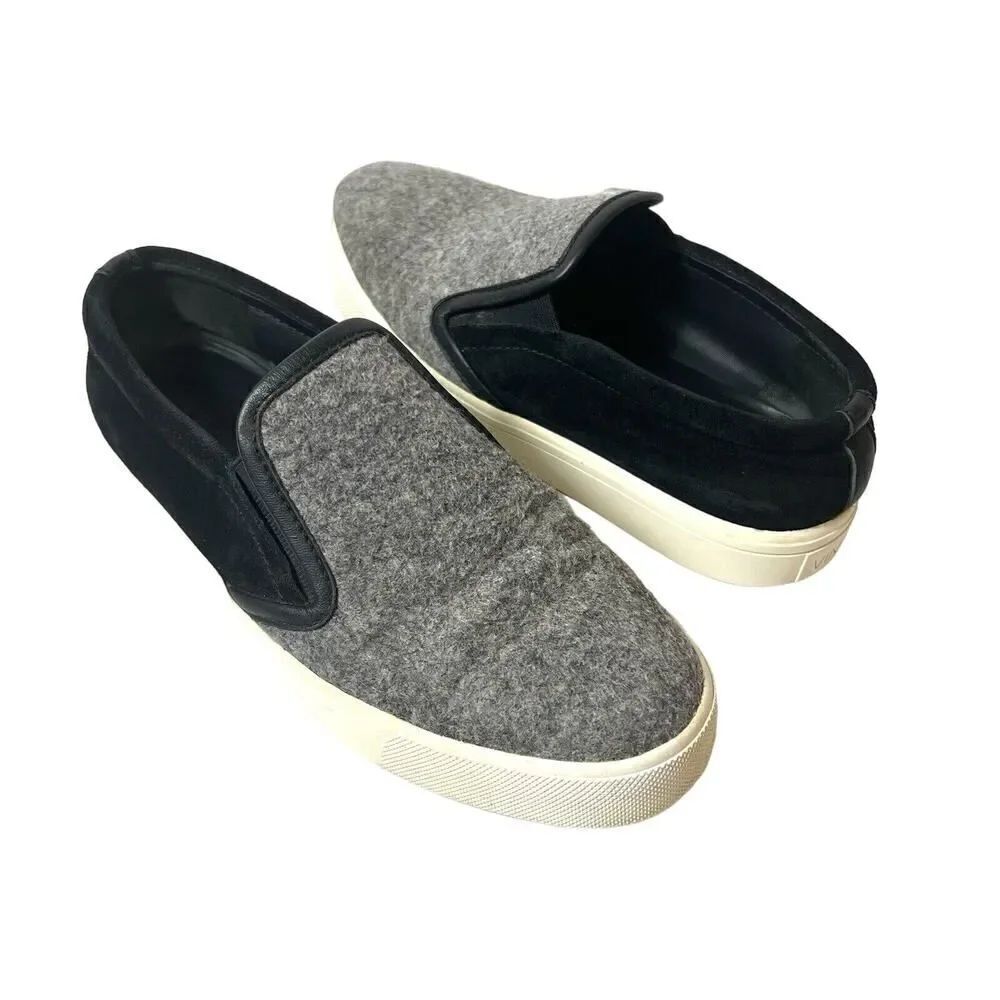 VINCE Slip On Skateboard Shoe Black/Gray Leather Womens 6.5 Low Top Flat Sneaker